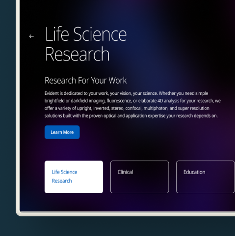 Image of Evident Scientific landing page highlighting Life Science Research module with picture of microscopic cells.