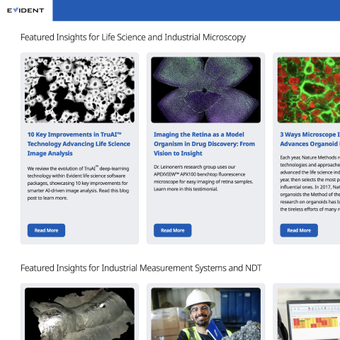 Featured grid of articles written by Evident Scientific with images that complement each content theme.